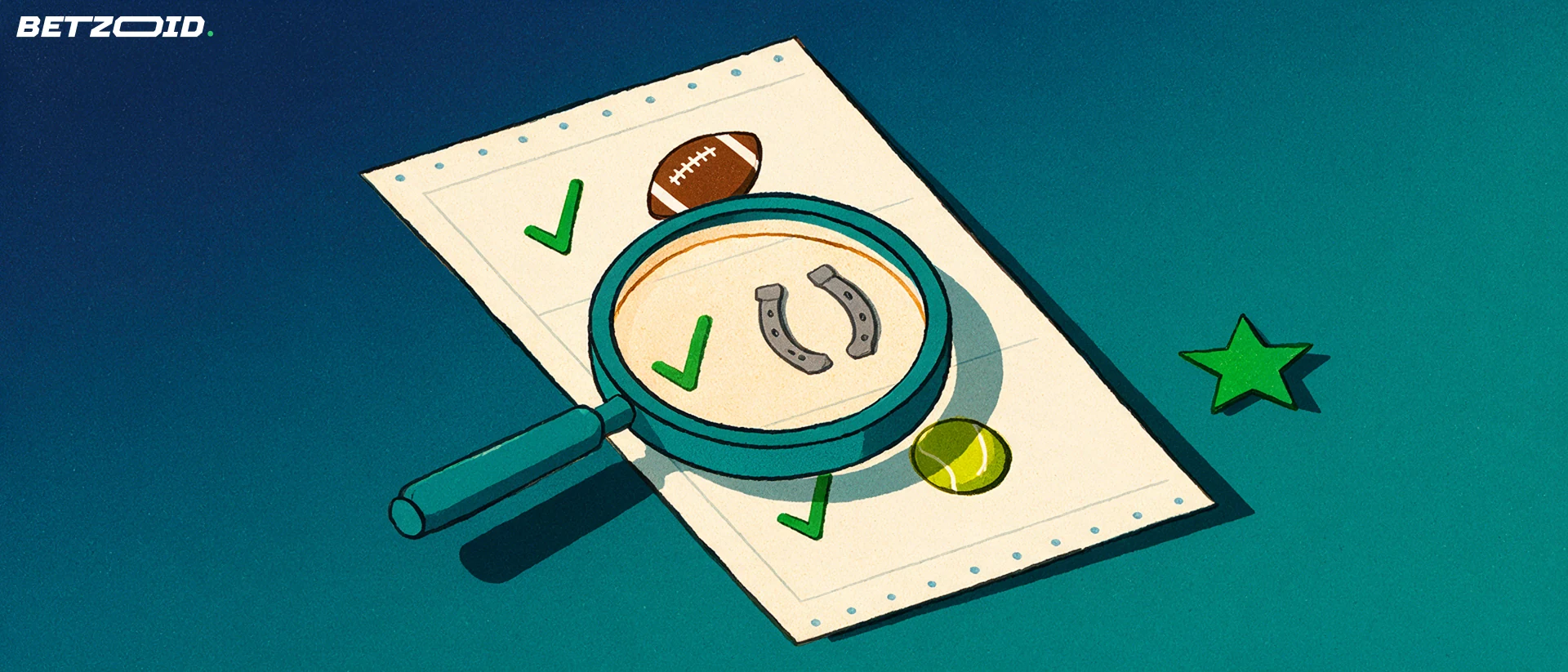Illustration d'une loupe examinant un coupon de paris orné de symboles de football, de fer à cheval et de tennis, avec une étoile d'évaluation.