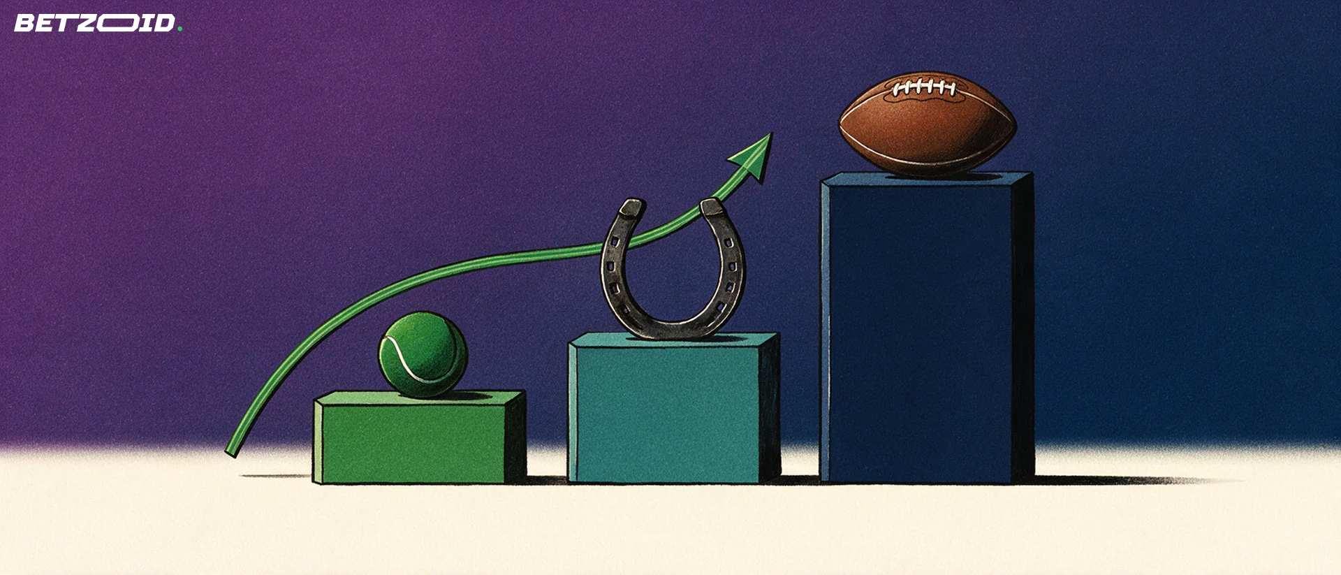 Illustration de trois colonnes de hauteurs différentes surmontées d'un ballon de football, d'un fer à cheval et d'une balle de tennis, avec une flèche ascendante.