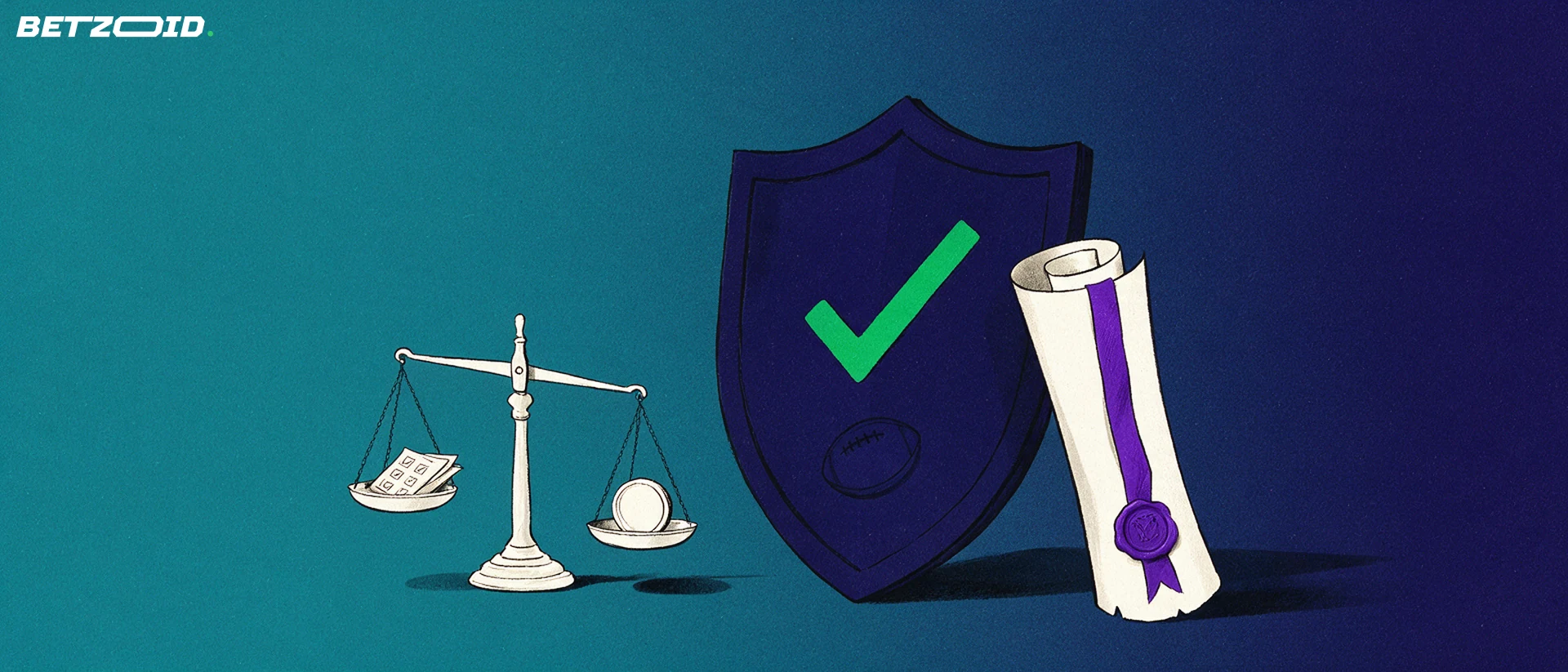 Illustration d'un bouclier avec une coche verte, un document de licence scellé et une balance portant un ticket de pari.