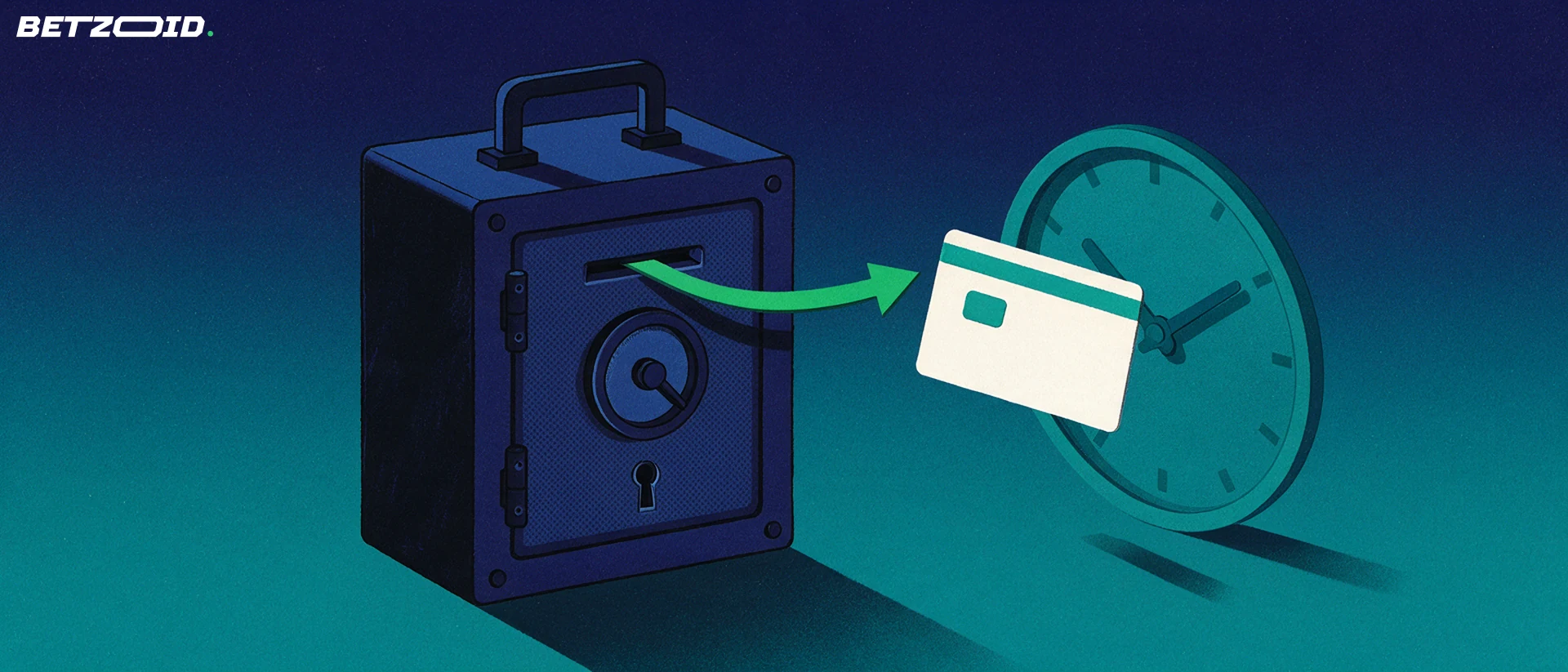Illustration d'un coffre-fort avec une flèche verte sortant de sa fente vers une carte bancaire neutre, accompagnée d'une horloge.