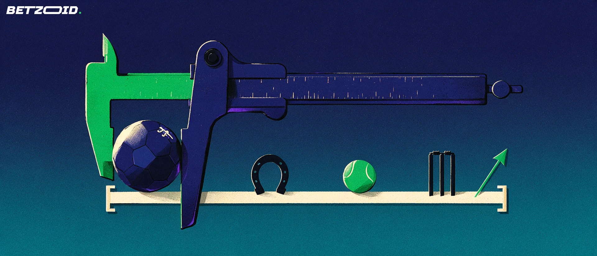 Illustration of a large caliper measuring a football above a bracketed range bar marked with horseshoe, tennis ball and cricket symbols.