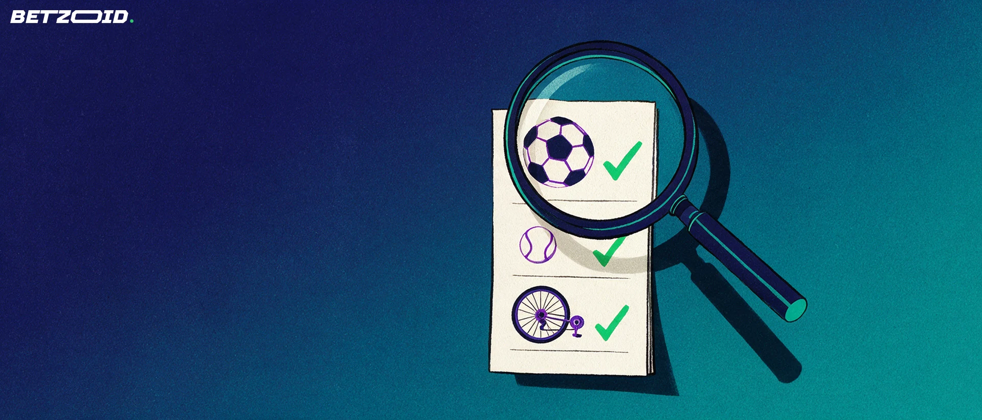 Illustration d'une loupe examinant un ticket de paris avec des pictogrammes de football, tennis et cyclisme cochés