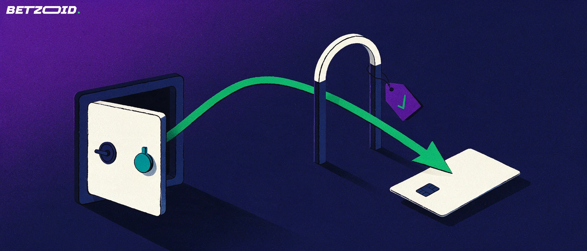 Illustration d'un coffre-fort entrouvert d'oĂč part une flĂšche verte traversant un portique et menant Ă une carte de paiement, avec une Ă©tiquette cochĂ©e.