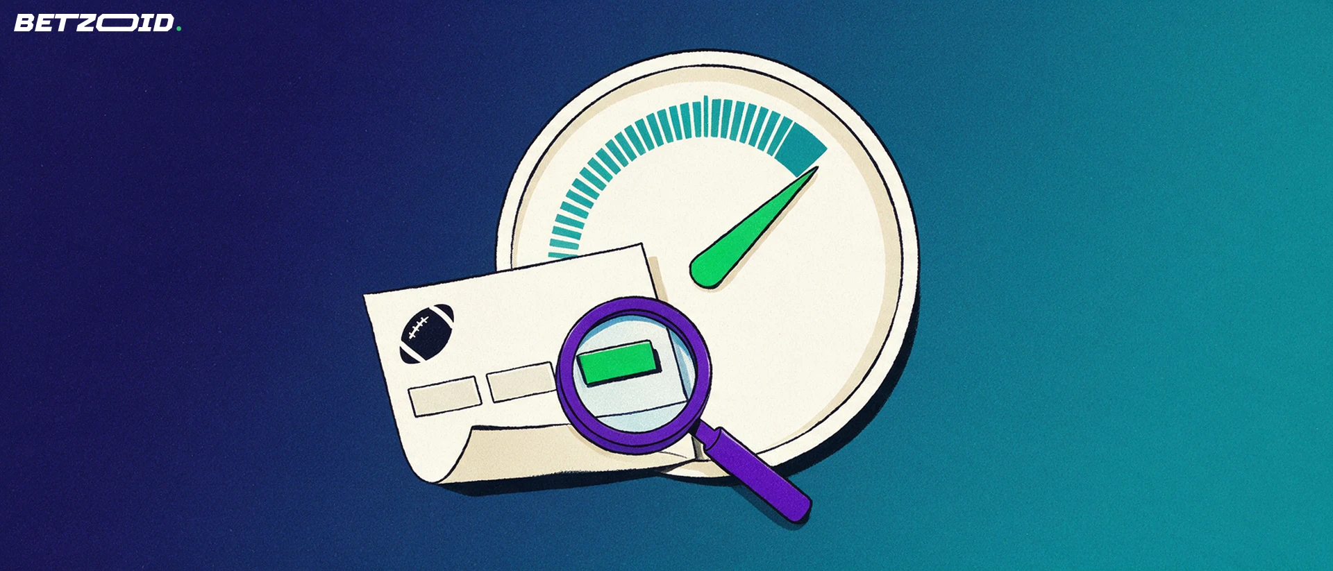 Illustration d'une jauge Ă aiguille verte, d'un ticket de pari avec un ballon de football et d'une loupe examinant les cotes.