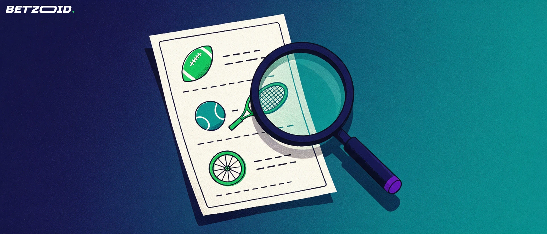 Illustration d'un ticket de paris sportifs portant des symboles de football, de tennis et de cyclisme, examiné à la loupe.
