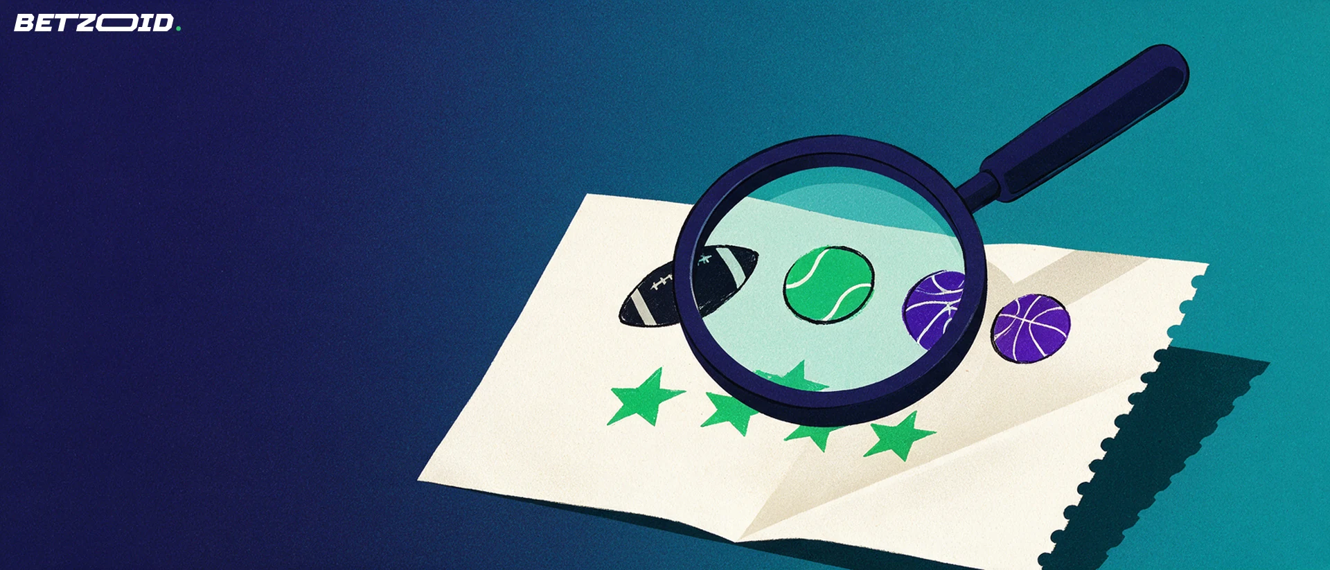 Illustration d'une loupe agrandissant un bulletin de pari portant des pictogrammes sportifs et trois étoiles.