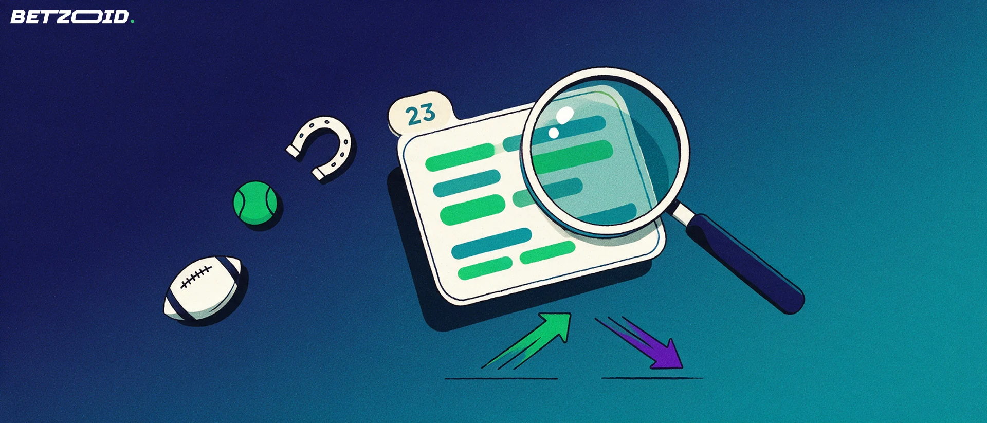 Illustration of a magnifying glass inspecting a blank betting slip with football, tennis and horseshoe symbols and two arrows.
