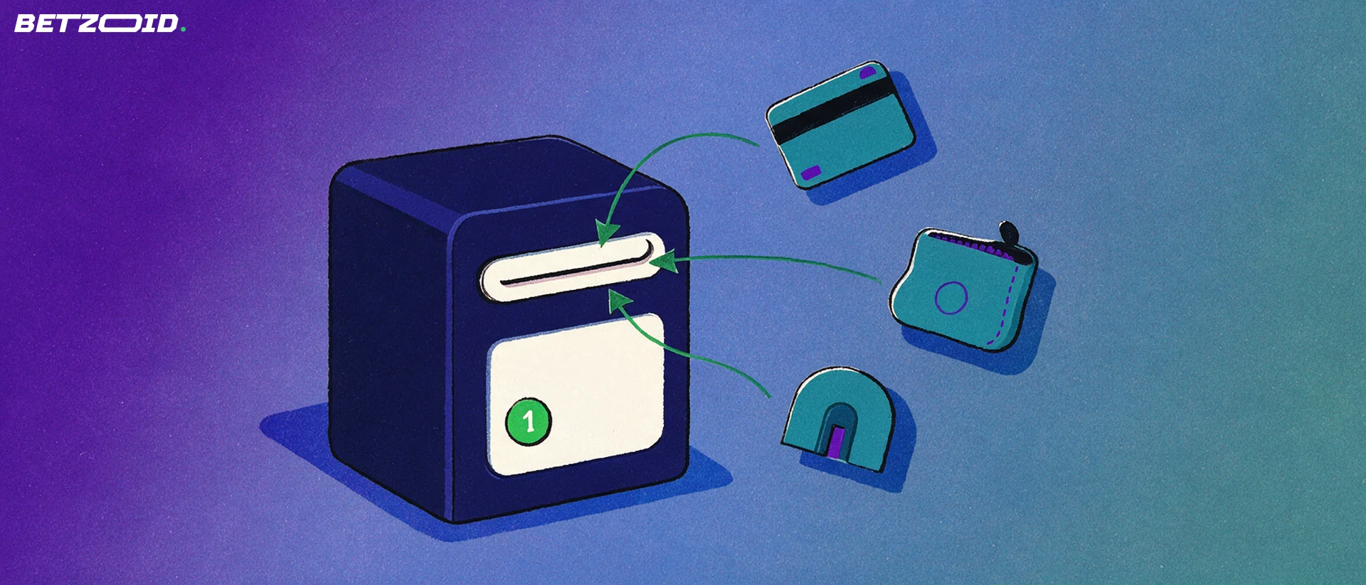 Illustration of a bank card, e-wallet pouch and bank symbol moving along arrows into the slot of a deposit box.