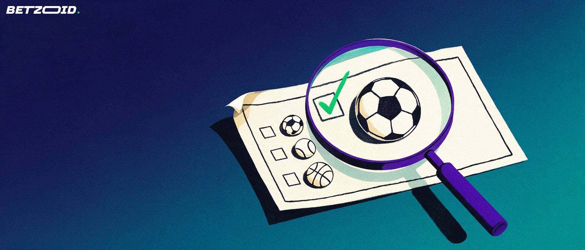 Illustration av ett förstoringsglas som granskar en spelkupong med symboler för fotboll, tennis och basket.