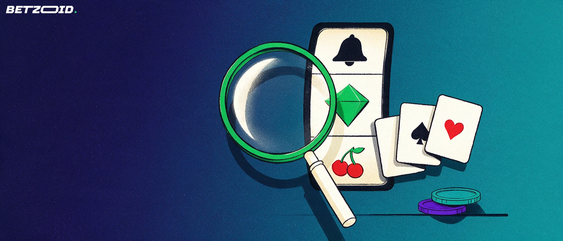 Illustration d'une loupe examinant un rouleau de machine à sous, avec des cartes à jouer et des jetons de casino.