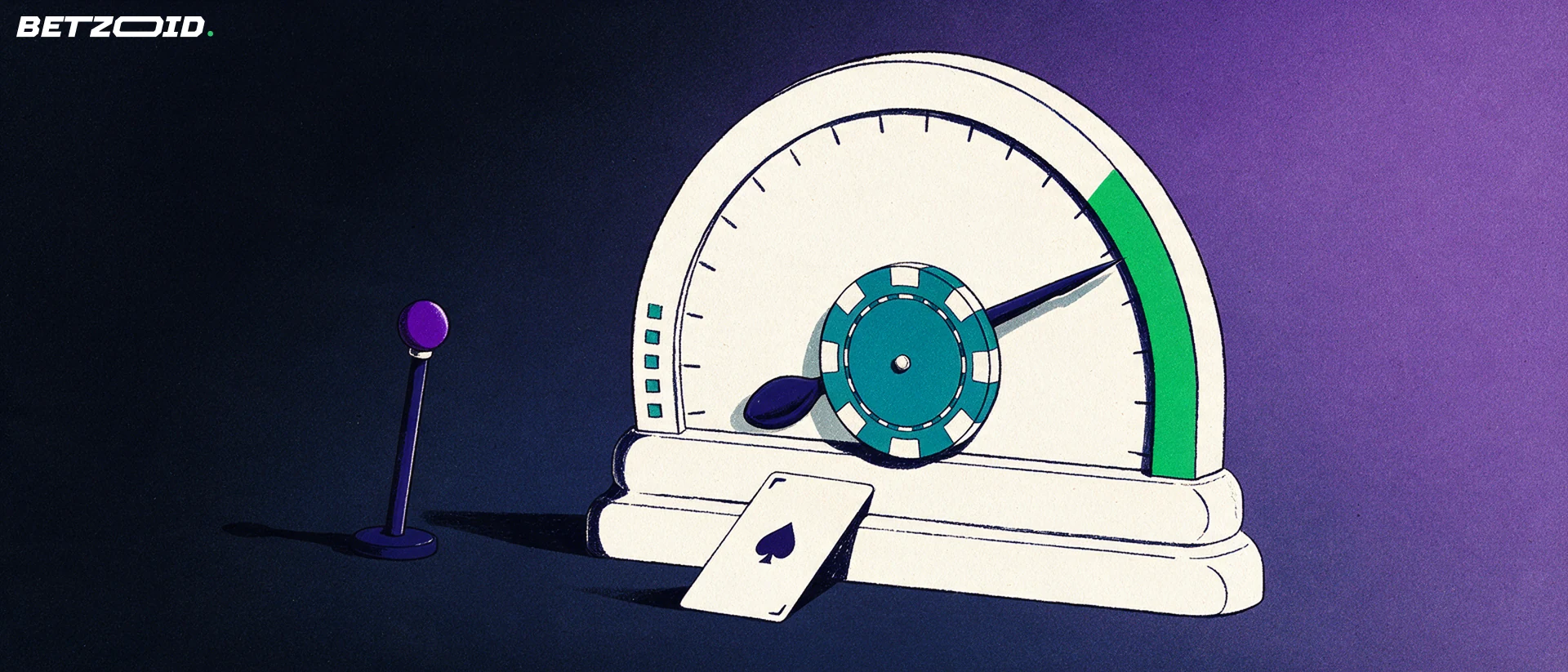 Illustration d'un cadran d'évaluation dont l'aiguille pivote sur un jeton de casino, accompagné d'un levier de machine à sous et d'une carte à jouer.