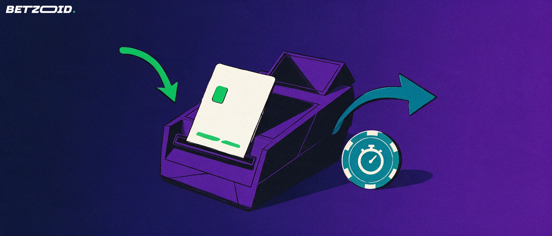 Illustration av ett betalkort som förs in i en betalterminal med pilar in och ut, intill ett kasinomarker och ett stoppur.