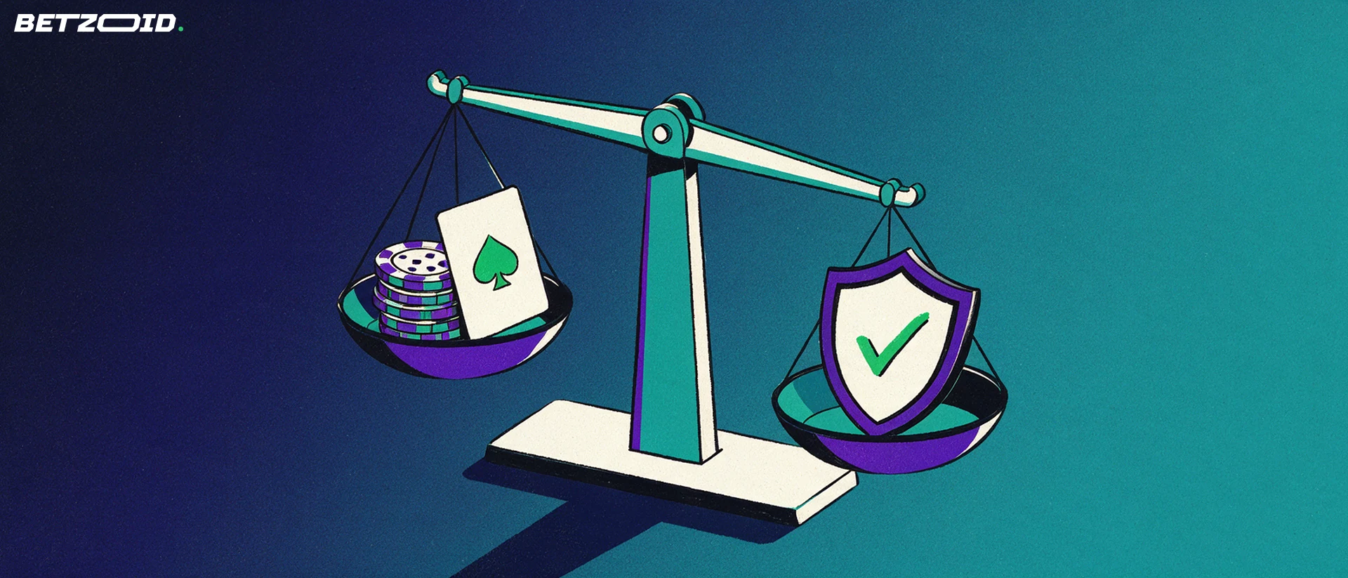 Illustration d'une balance comparant des jetons de casino et une carte à jouer avec un bouclier marqué d'une coche