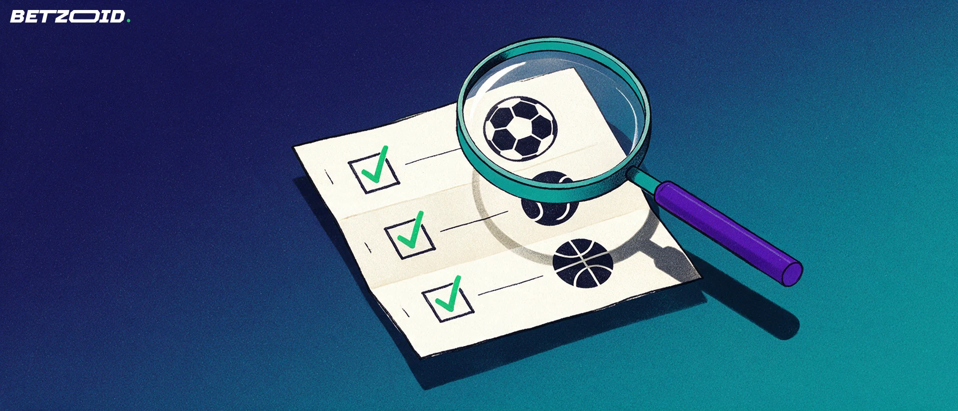 Illustration d'une loupe survolant un ticket de paris sportifs portant des symboles de football, tennis et basket cochés.