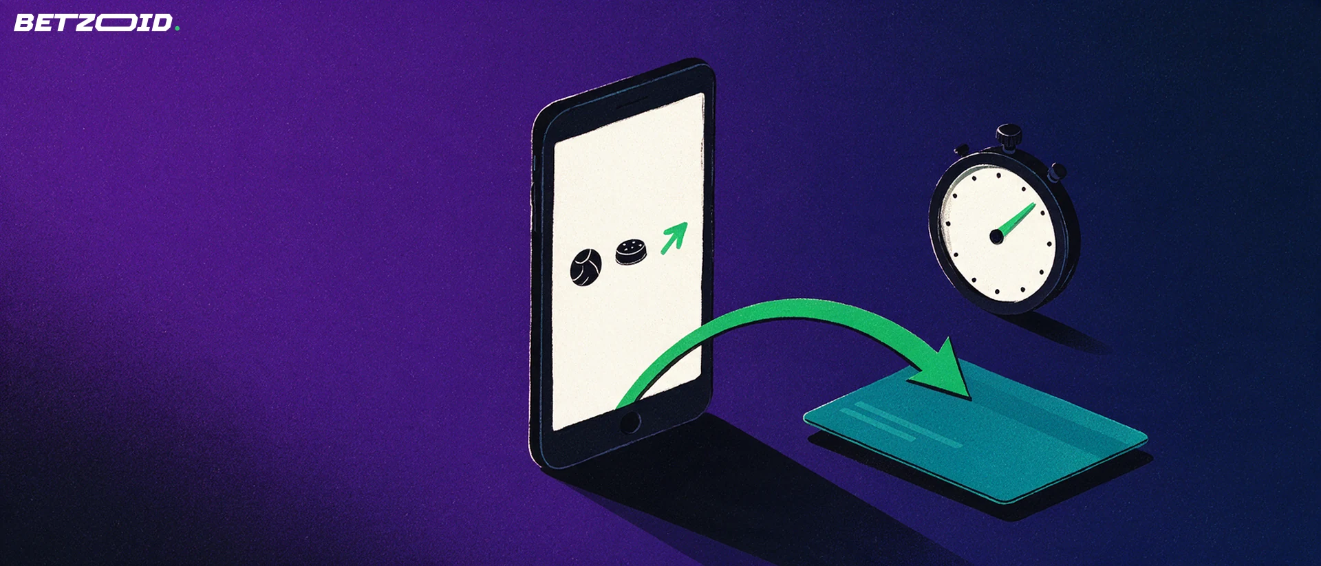 Illustration av en mobil med sportsymboler där en grön pil leder ut till ett kontokort, med ett stoppur intill.