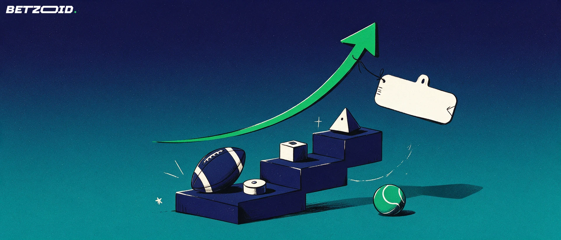 Illustration av en stigande trappa med grön pil, fotboll och tennisboll som symbol för odds på olika sporter.
