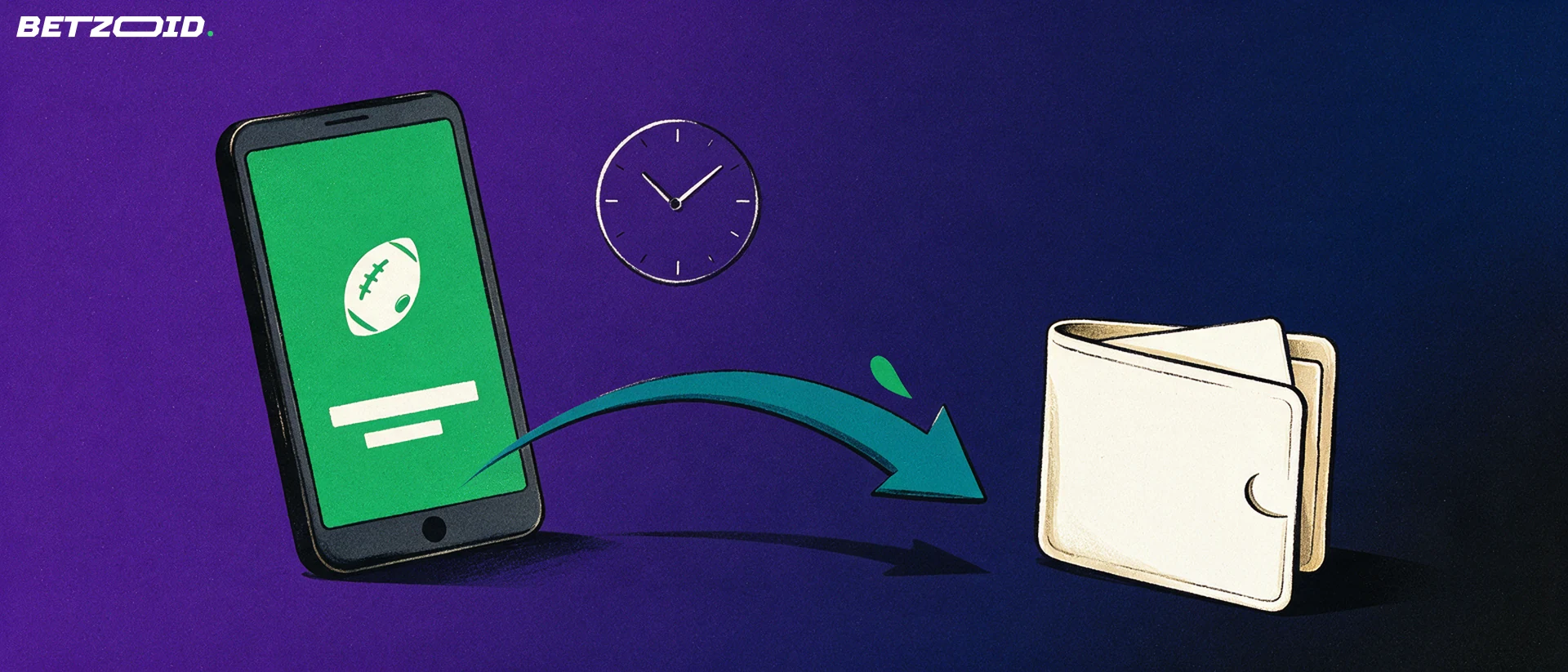 Illustration av en mobiltelefon med fotbollssymbol där en pil leder till en plånbok med bankkort och en klocka ovanför.