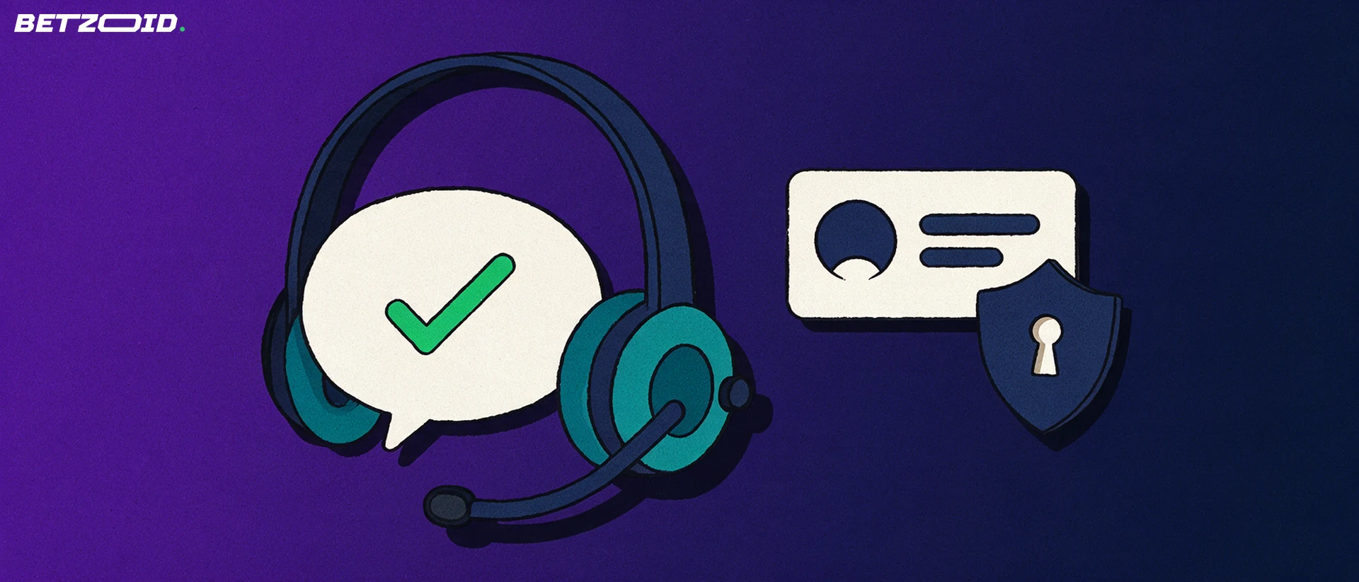 Illustration av ett stort headset med en pratbubbla med bock, intill ett kontokort och en sköld med nyckelhål.