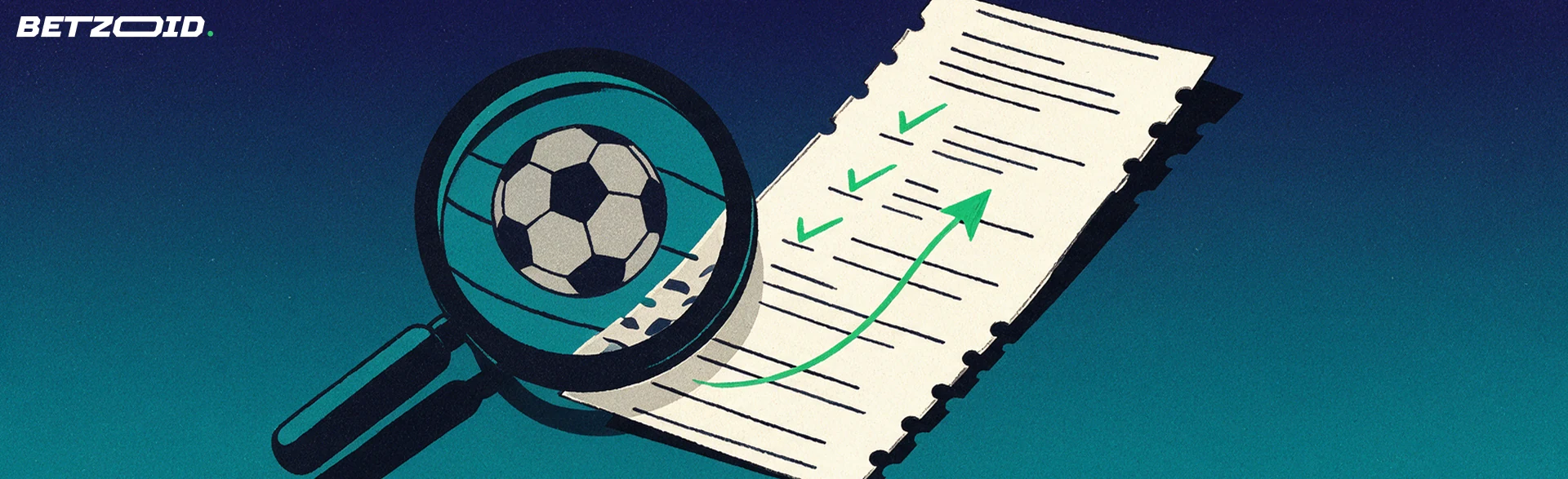 Illustration einer Wettschein-Karte mit Fußballsymbol, die von einer großen Lupe geprüft wird, daneben grüne Häkchen.