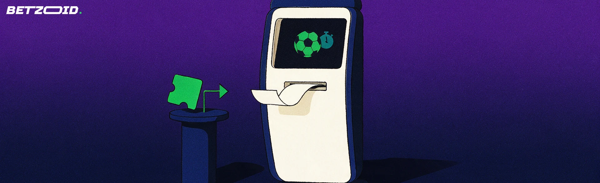 Illustration eines Wettterminals mit Fußball- und Stoppuhr-Symbol auf dem Bildschirm, aus dem ein Wettschein herausläuft, verbunden mit einem grünen Pfeil.