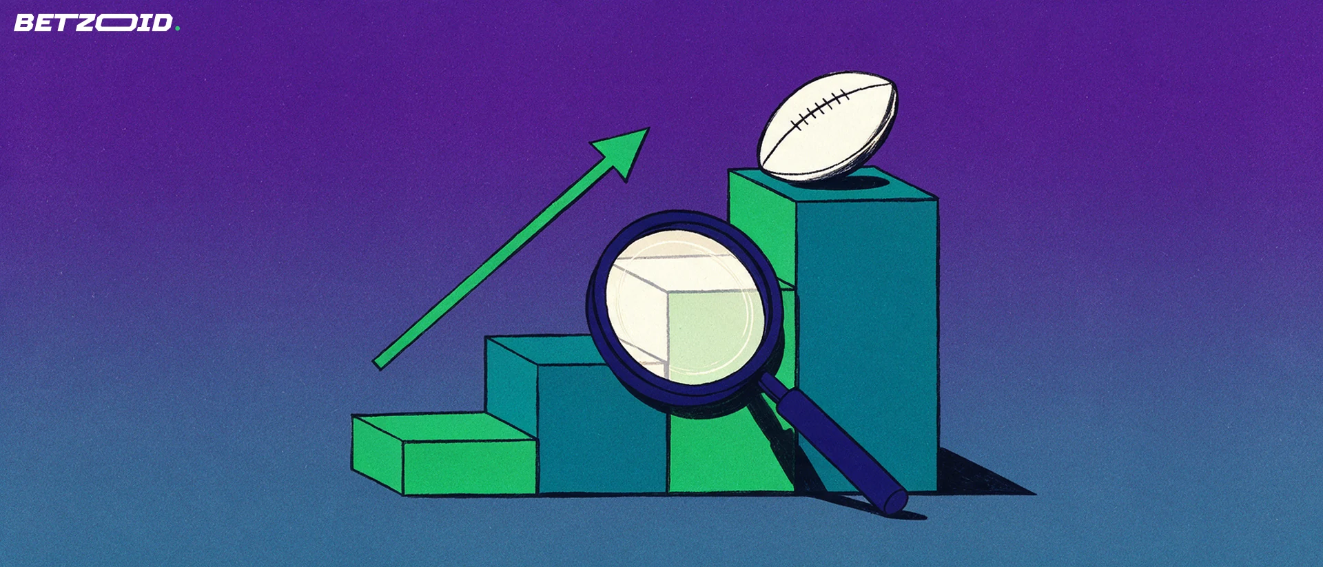 Illustration einer Lupe über einer Treppe aus ansteigenden Balken mit einem Fußball auf der höchsten Stufe als Sinnbild für den Quotenvergleich.