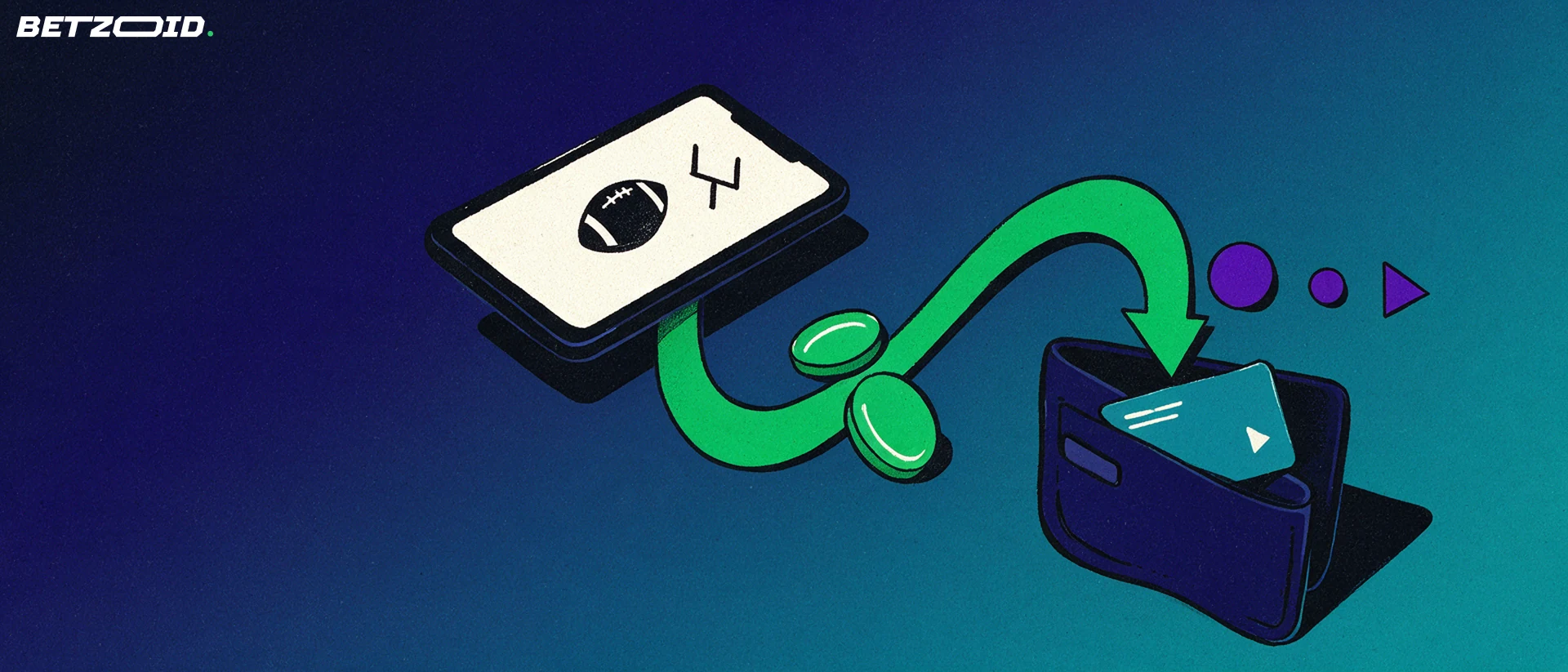 Illustration eines Smartphones mit Fußball-Symbol, von dem ein grüner Pfeil mit Karte und Chips in eine offene Geldbörse führt.
