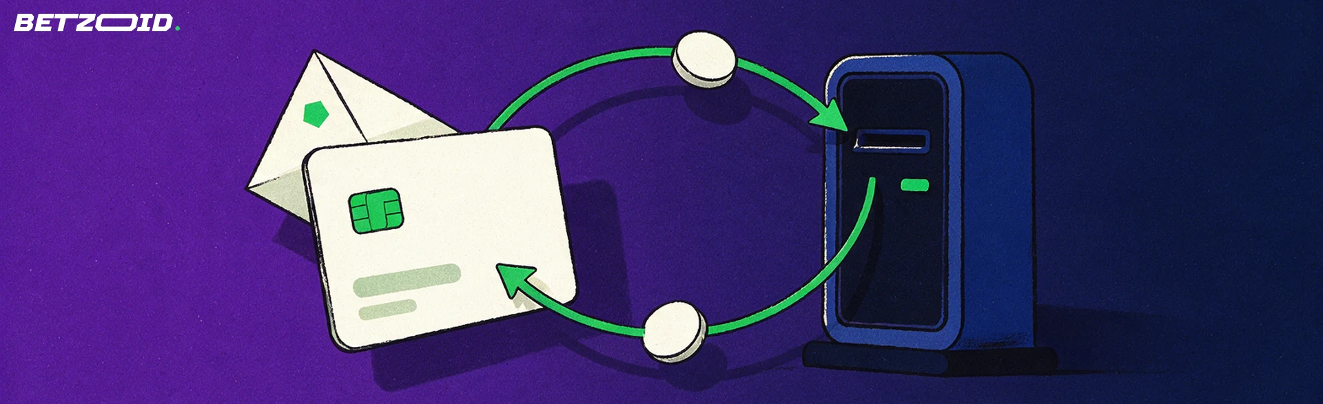 Illustration einer Bankkarte und eines Auszahlungsautomaten, verbunden durch einen grünen Kreispfeil mit zwei Chips, daneben ein kleiner Wettschein.