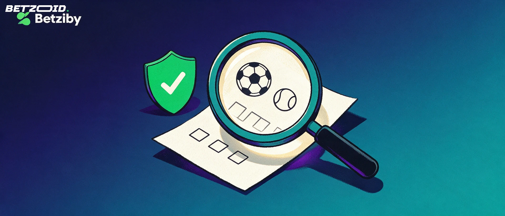 Illustration einer grossen Lupe über einem Wettschein mit Fussball- und Tennissymbol sowie einem Schild mit Häkchen.