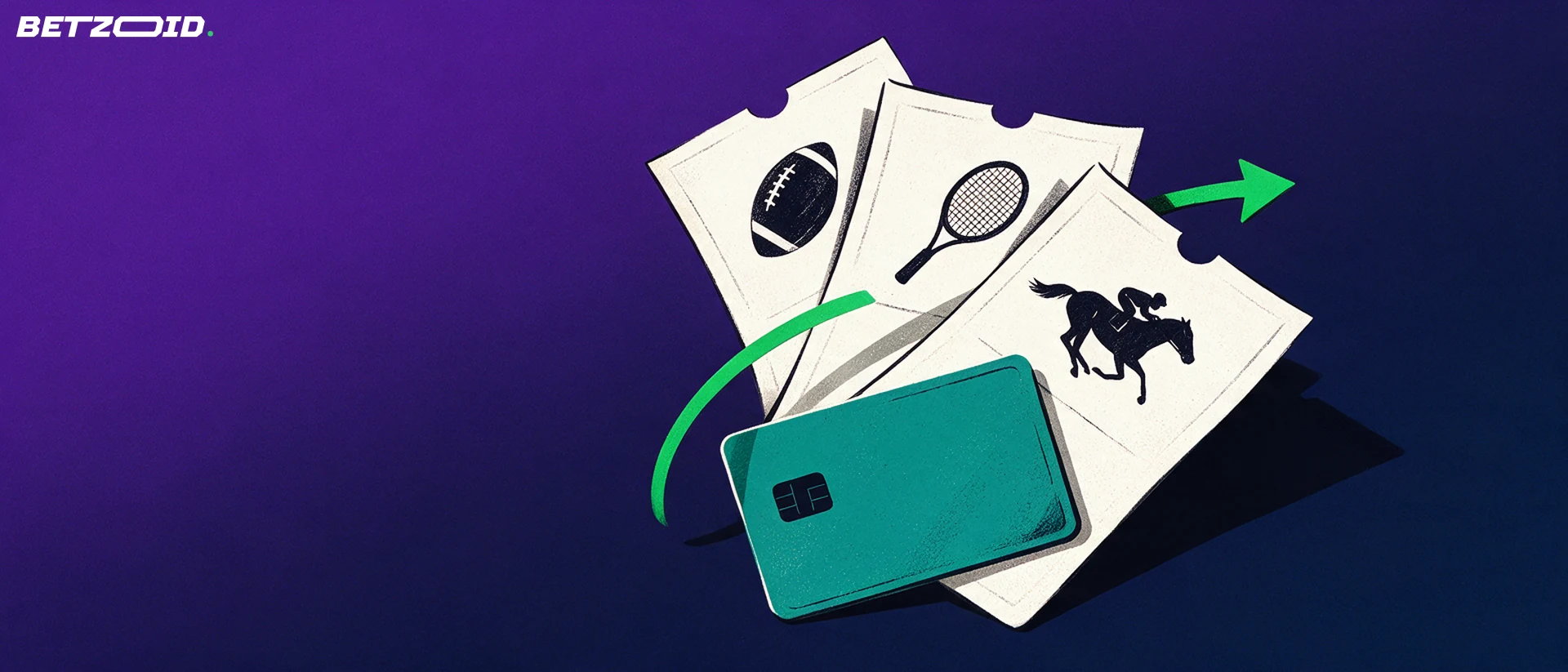 Illustration of three fanned betting slips with football, tennis and horse racing symbols beside a plain bank card and a green upward arrow.