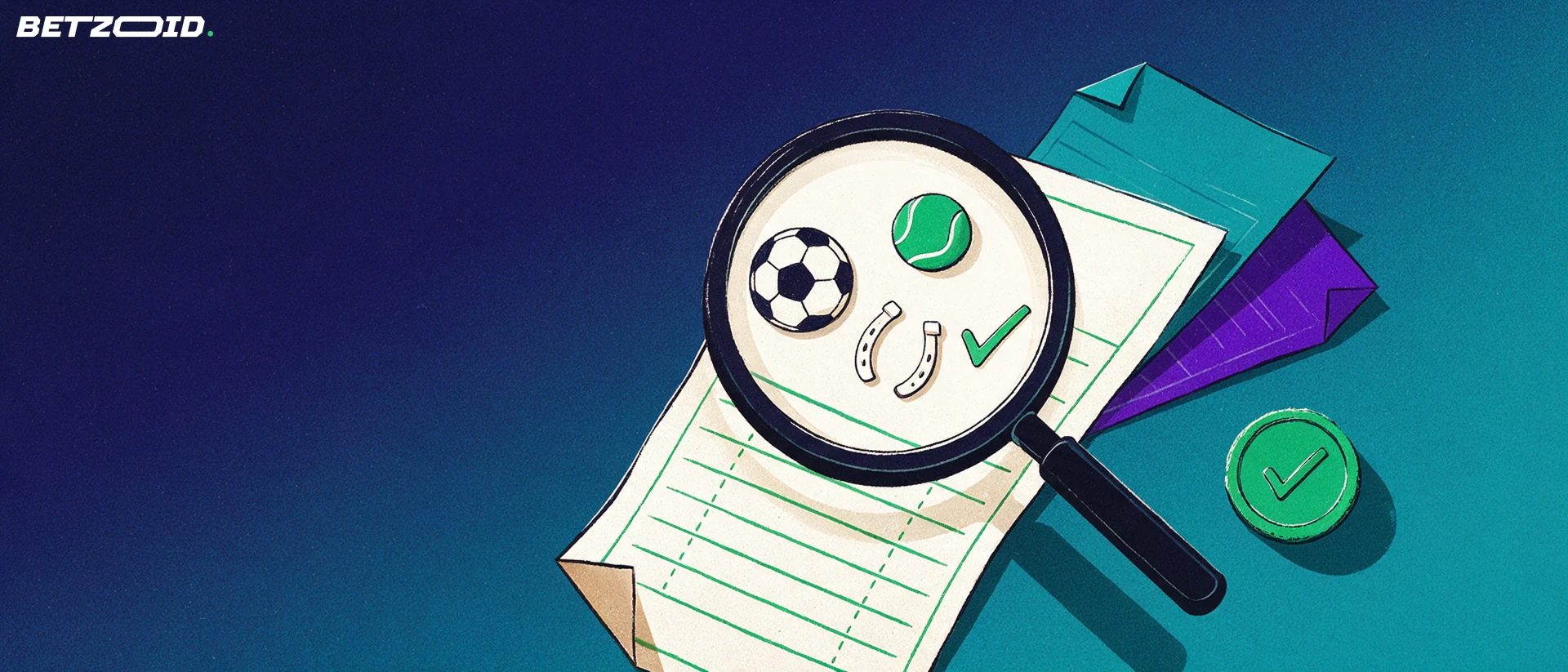 Illustration of a large magnifying glass inspecting a sports betting slip showing football, tennis and horseshoe symbols with a green tick.
