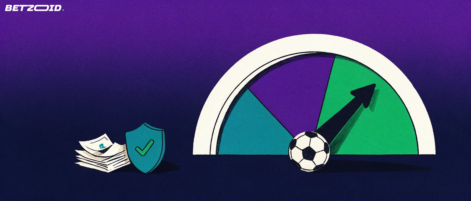 Illustration of a semicircular rating dial with a football at its pivot, its needle pointing to the green segment beside a small stack of betting slips.