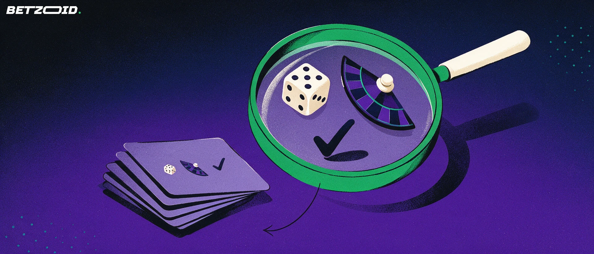 Illustration of a large magnifying glass over a stack of review cards, enlarging a die, a roulette wheel segment and a checkmark.