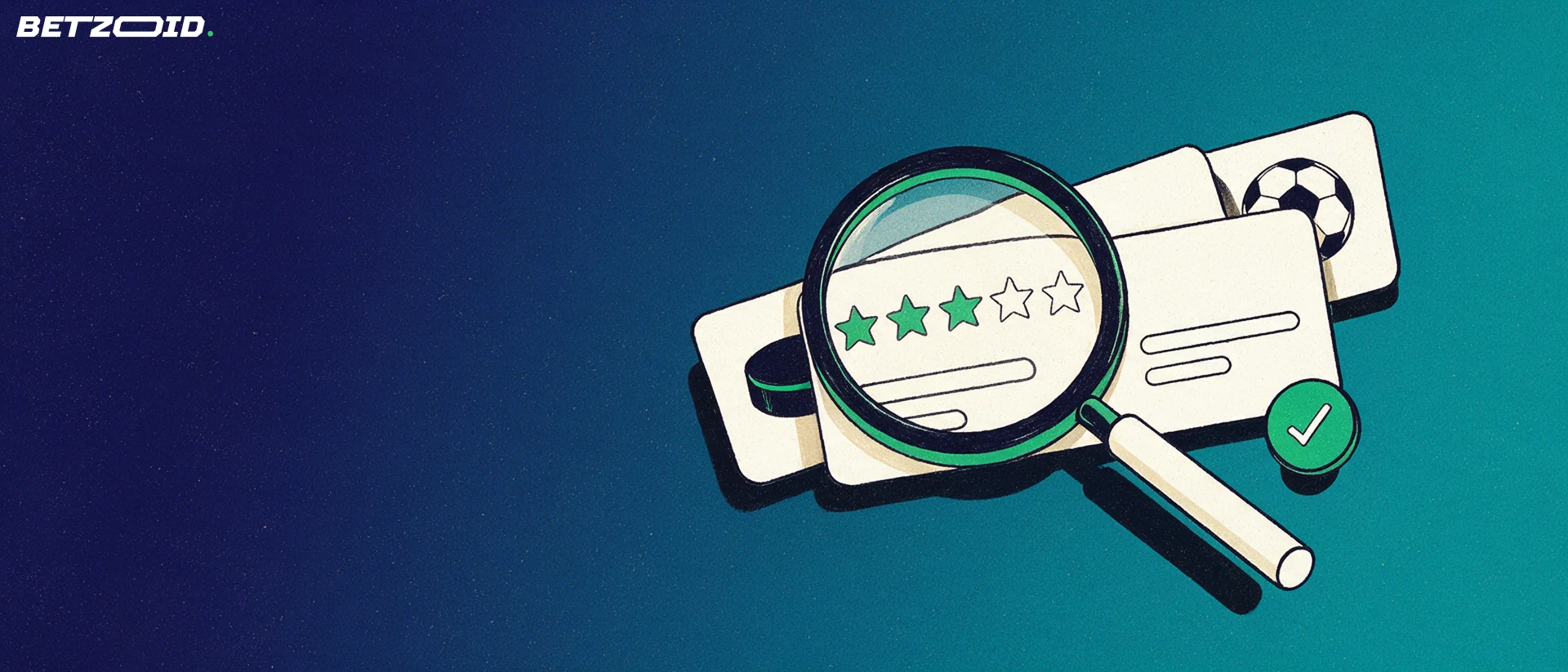 Illustration of a magnifying glass enlarging a review card with star ratings above cards marked with a hockey puck and a soccer ball