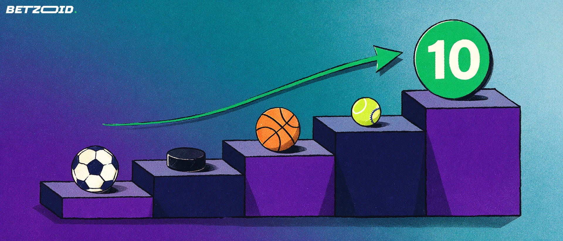 Illustration of five ascending stacked platforms holding different sports balls and a puck, topped by a round green badge showing the number 10 with an upward arrow