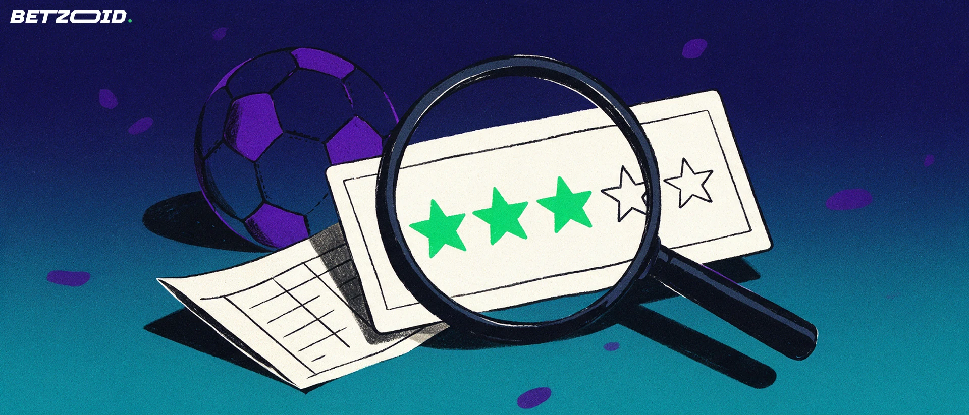 Illustration of a magnifying glass enlarging a five-star rating on a review card beside a football and a blank betting slip.