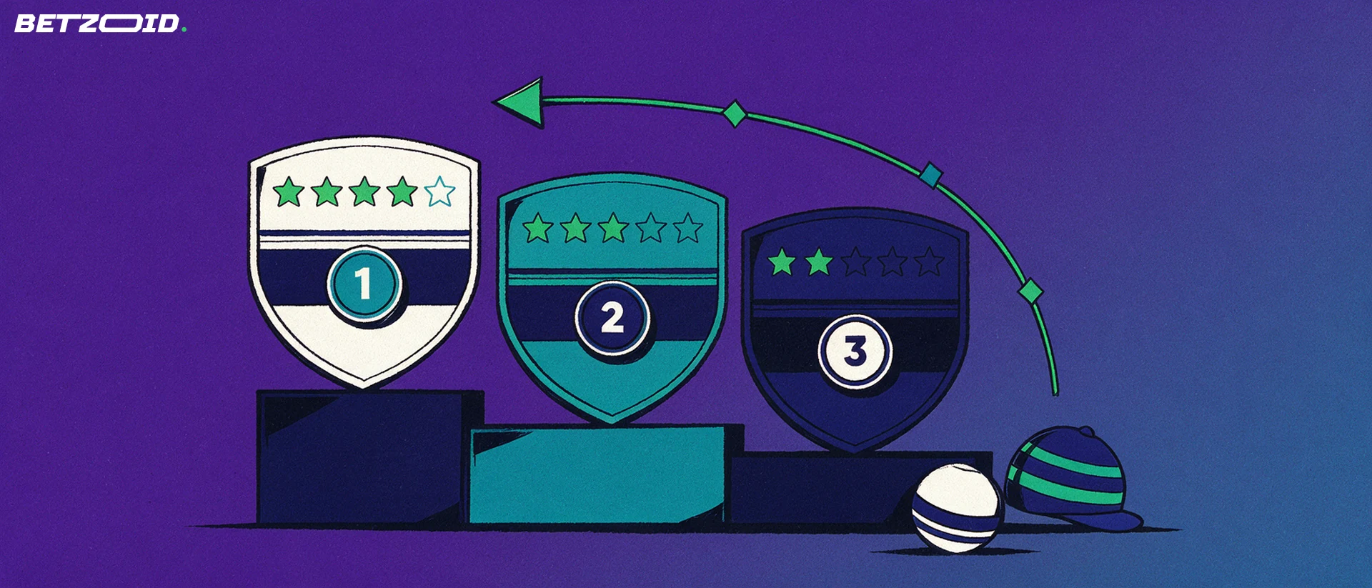Illustration of three star-rated shields arranged as a podium with an upward arrow, a basketball and a jockey cap below.
