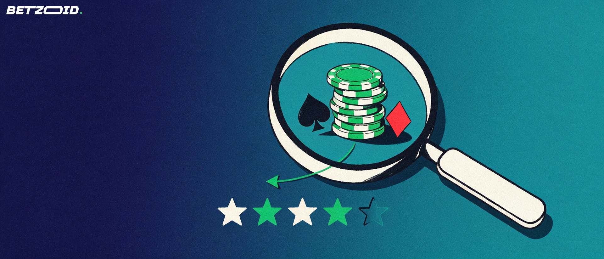 Illustration of a magnifying glass enlarging casino chips and card suit symbols above a row of five stars.