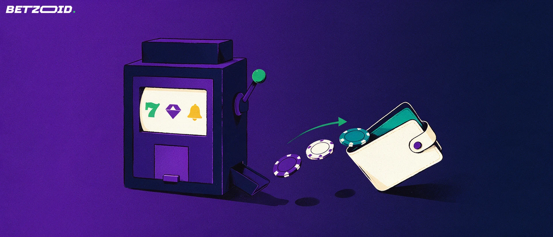 Illustration of a slot machine cabinet releasing three chips along an arrow into an open wallet.