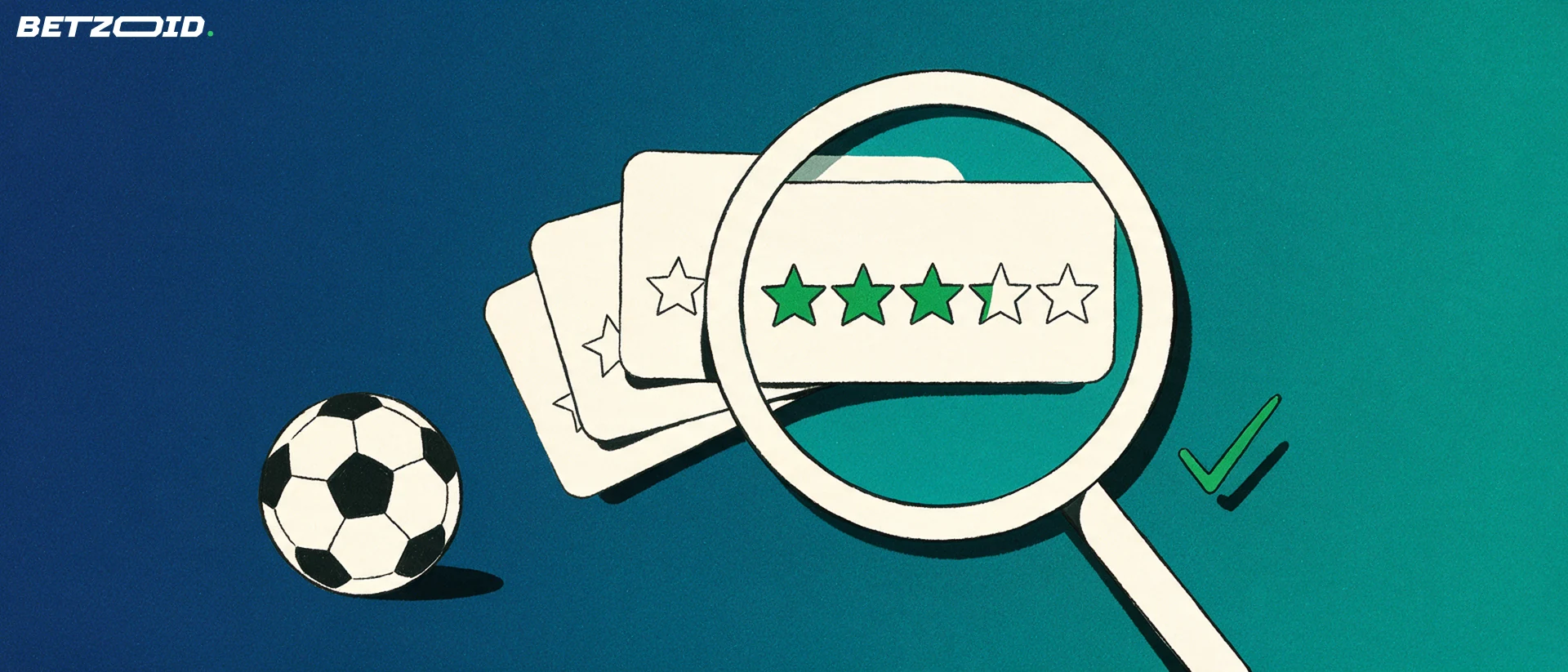 Illustration of a large magnifying glass enlarging a row of star ratings on a card, with a stack of plain rating sheets and a football.