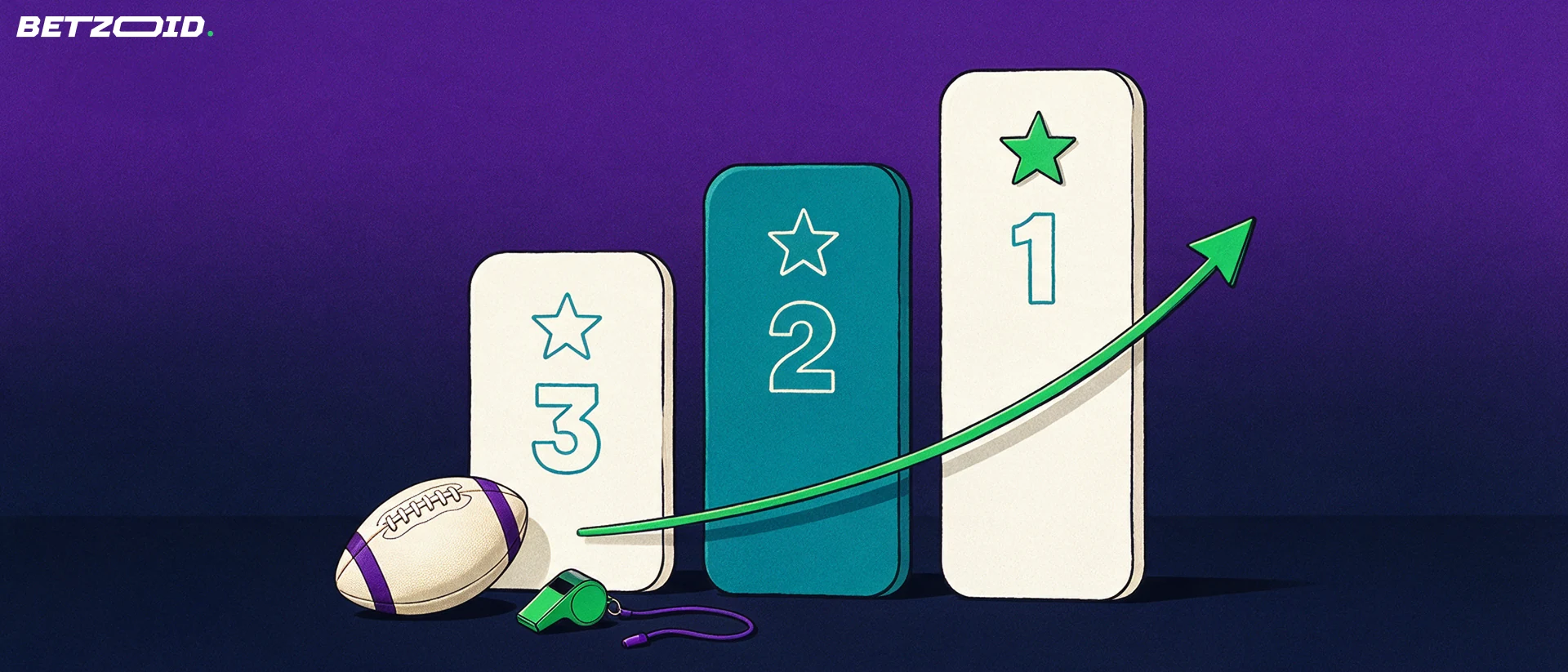Illustration of three ranked podium blocks of different heights marked with stars, an upward arrow, a football and a whistle.