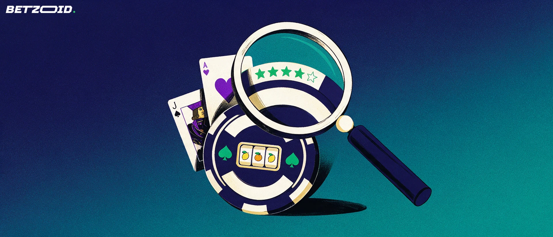 Illustration of a magnifying glass over a casino chip and slot reel, revealing a row of rating stars inside the lens.