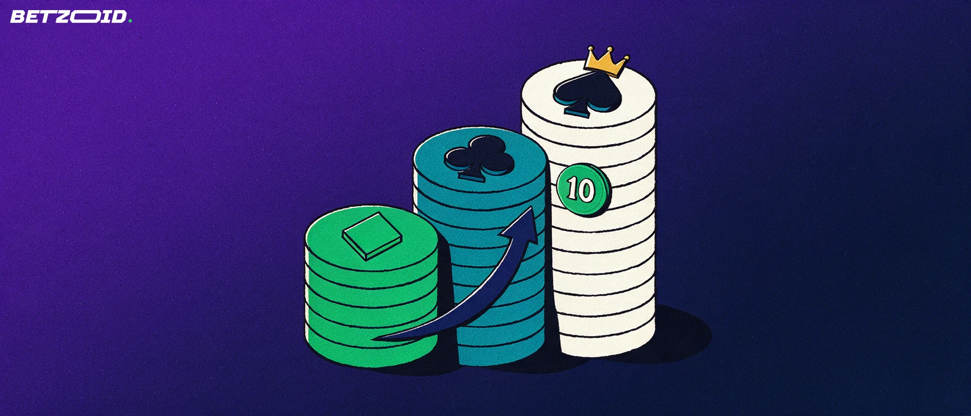 Illustration of three stepped podium stacks of casino chips topped with card suit symbols, the tallest carrying a badge with the number 10.
