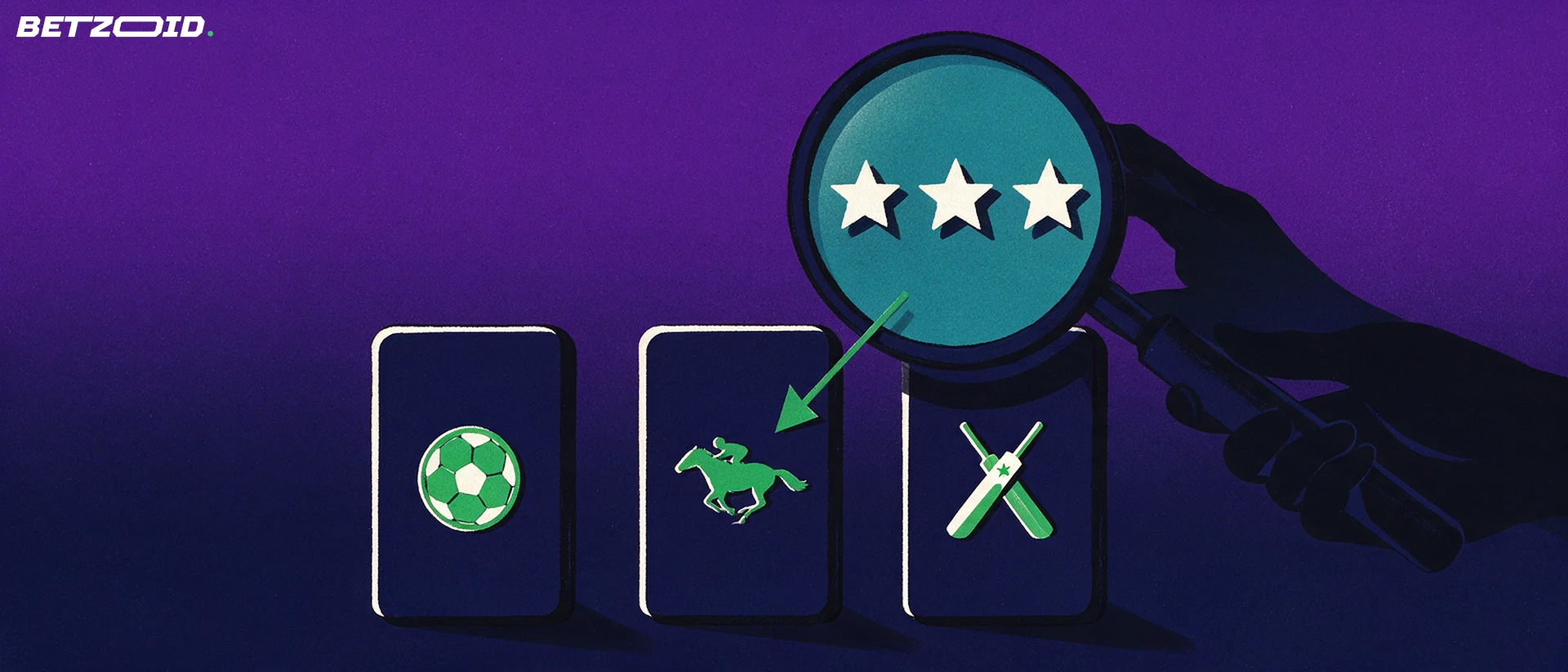 Illustration of a magnifying glass inspecting three cards marked with sports symbols, enlarging a row of rating stars.