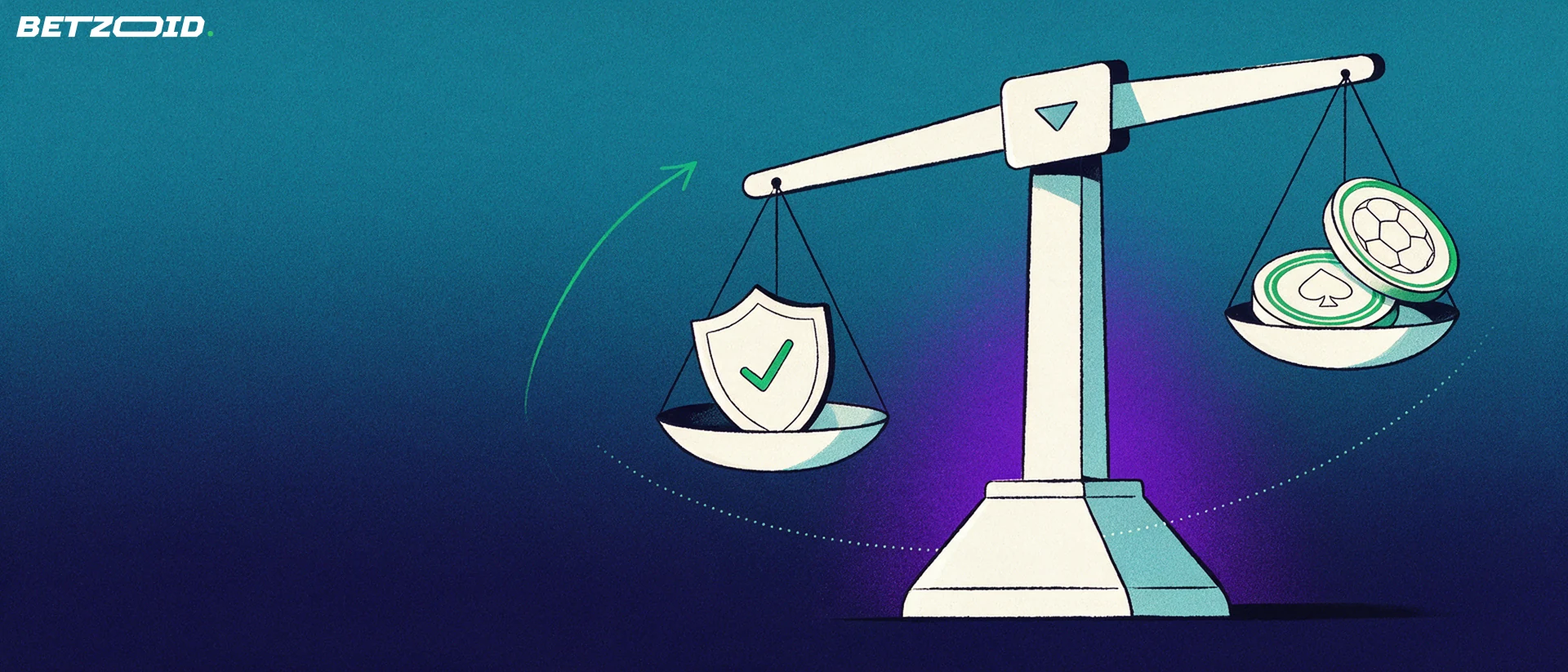 Illustration of a balance scale weighing a checkmark shield against discs showing a football and a card suit.