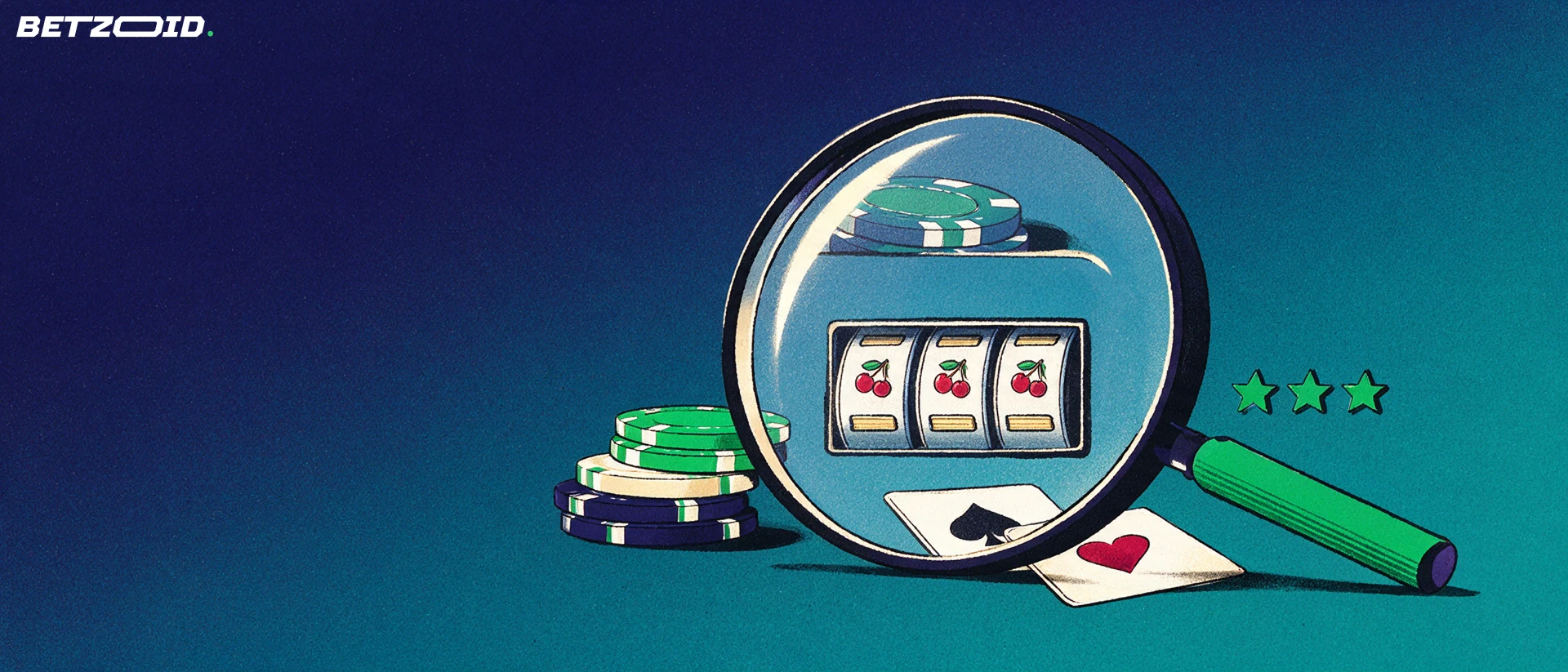 Illustration of a magnifying glass inspecting casino chips, playing cards and a small slot reel, with three rating stars beside it.