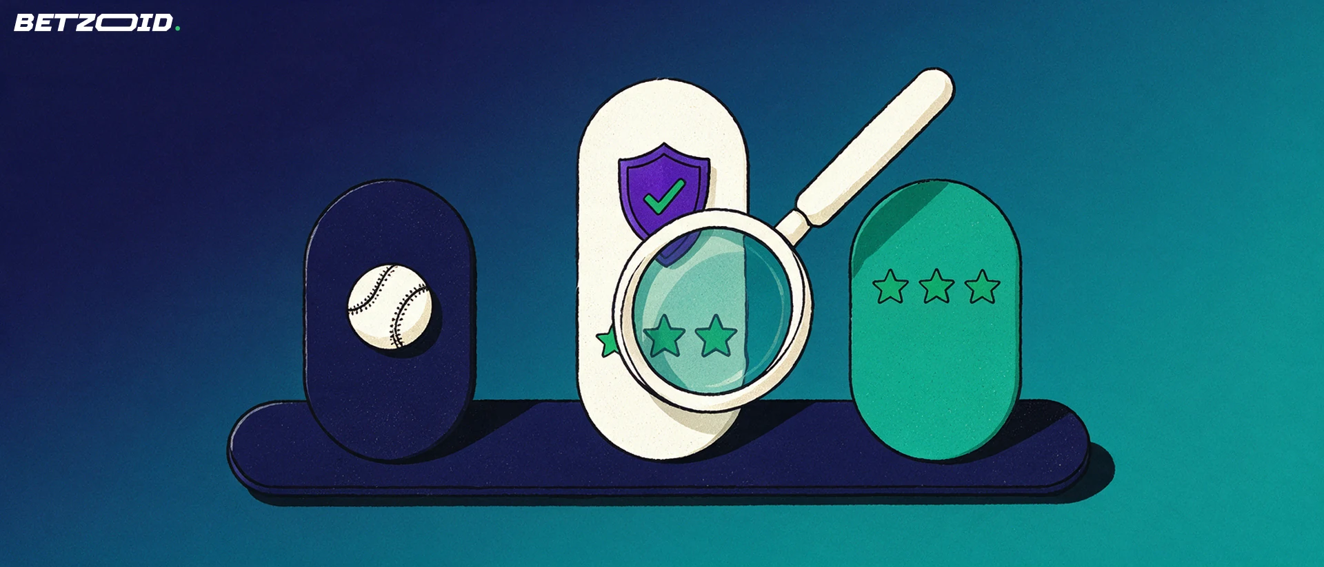 Illustration of three review cards standing side by side with star, shield and cricket ball symbols, inspected by a large magnifying glass.