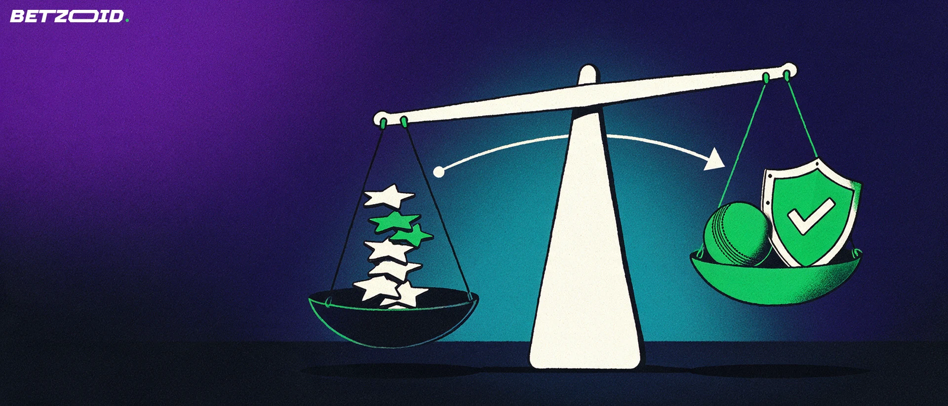 Illustration of a balance scale weighing a stack of star tokens against a cricket ball and a shield with a check mark.