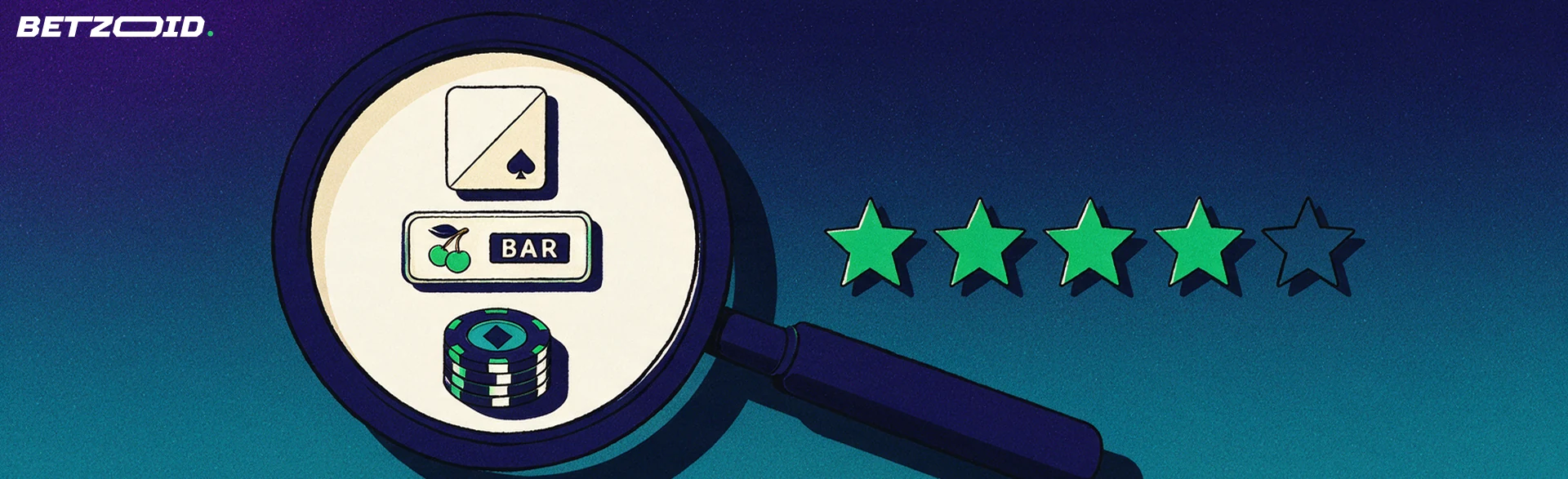 Illustration of a magnifying glass showing casino card, slot reel and chip symbols beside a five-star rating scale with four stars filled.
