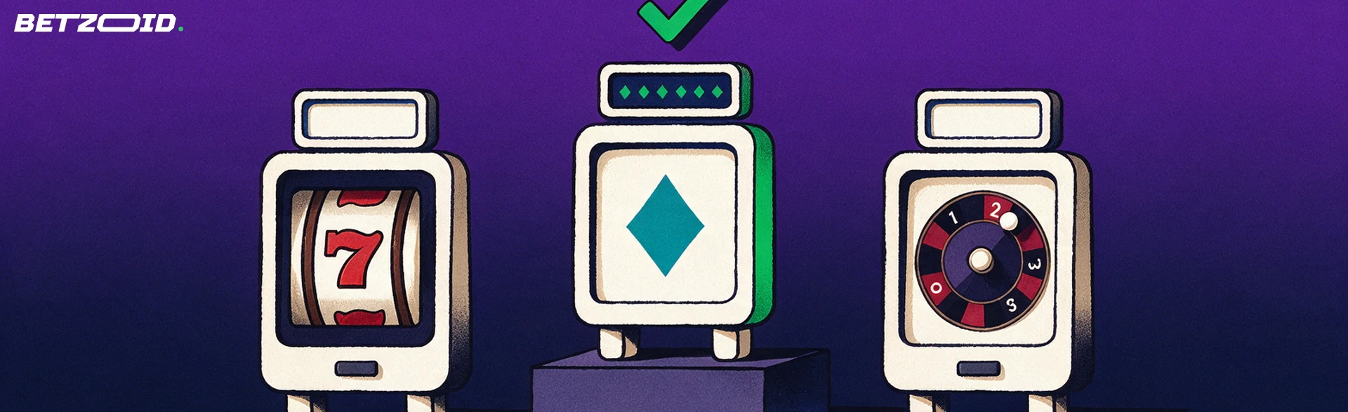 Illustration of three casino cabinets in a row with slot, card suit and roulette symbols, the middle one raised with a green checkmark above it.
