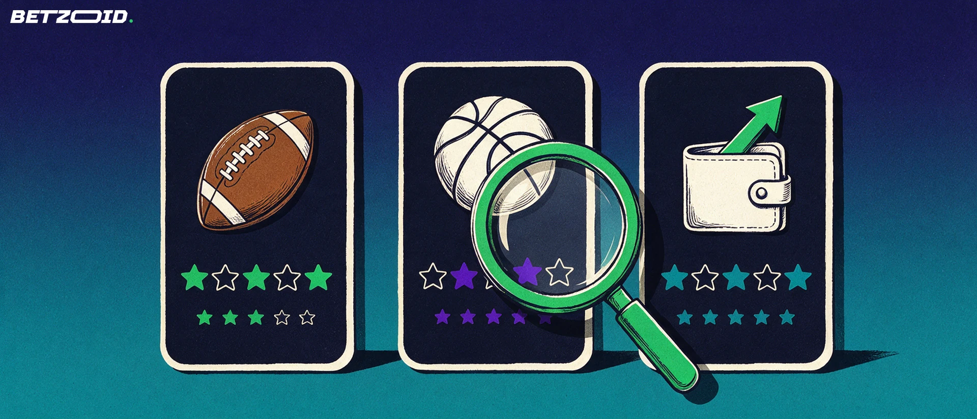 Illustration of a magnifying glass inspecting three upright comparison cards showing sports and wallet symbols with star ratings.